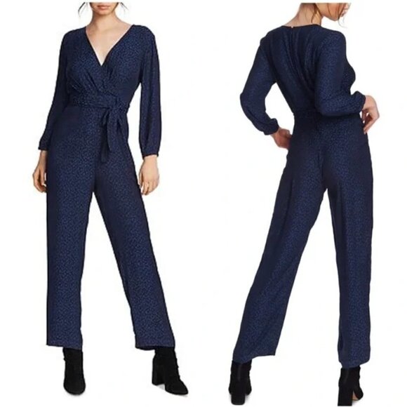 1.STATE Women's Blue Silky Sheen Surplice V-neck Leopard Print Jumpsuit NWD 12 - Picture 1 of 9